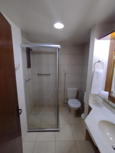 ein Badezimmer mit Dusche, Toilette und Waschbecken in der Unterkunft Flat no Residencial Pousada Serrano Centro Gramado in Gramado