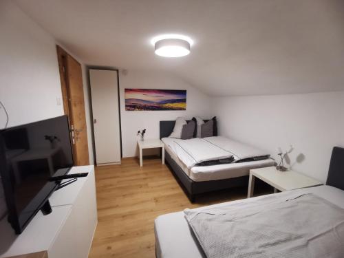 a bedroom with two beds and a tv in it at Das K - dei "Hoamatl" im Ötztal in Oetz