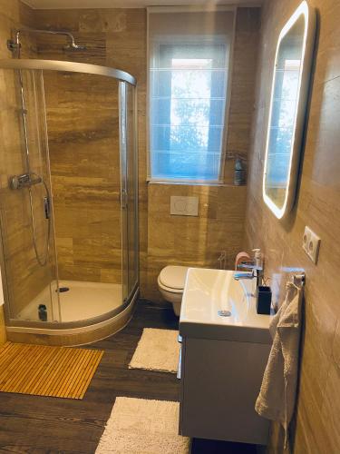 a bathroom with a shower and a sink and a toilet at Villa007 in Zamárdi