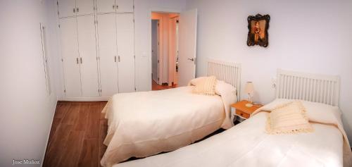 two beds in a room with white walls and wooden floors at 2 bedrooms appartement with wifi at Penaflor in Peñaflor