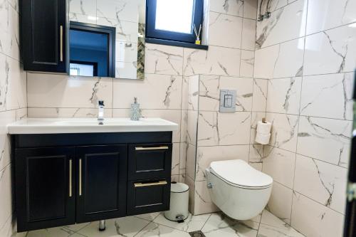a bathroom with a toilet and a sink and a mirror at Loft Apartment with a great view of Ardino in Ardino