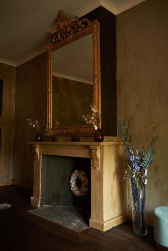 a fireplace with a mirror and a vase with flowers at B&B Pura Vista in Zandhoven