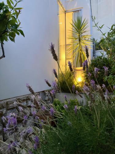 a garden with purple flowers in front of a building at Villa Mirano in Èze