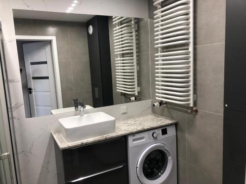 a bathroom with a washing machine and a sink at Apartamenty Platinex 6 in Krakow