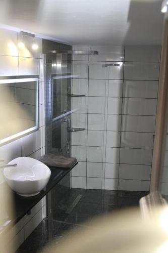 La salle de bains est pourvue d'un lavabo et d'une douche. dans l'établissement les Gîtes 2-4 pers Rémy HEROLD, à Katzenthal