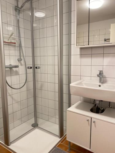 a bathroom with a shower and a sink at Ferienwohnung Bad Laasphe Altstadt in Bad Laasphe
