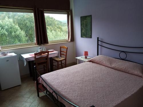 Un dormitorio con una cama y una mesa y dos ventanas. en B&B Valli Verdi, en Alghero