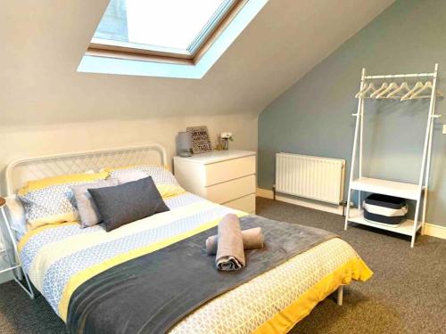 a bedroom with a large bed with a skylight at Flat 7 EIA House in Belfast