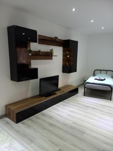 een woonkamer met een televisie en een bed bij Monteurwohnung in Loiching