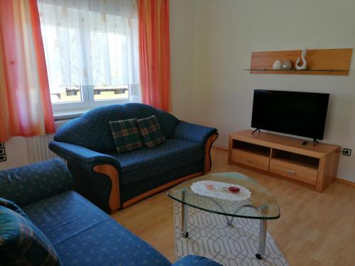 sala de estar con sofá azul y TV en Ferienhaus Lanzl en Gamlitz