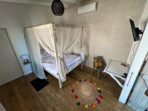 巴葉馬霍的住宿－Zapat Lodge，一间小卧室,配有一张带天蓬的床