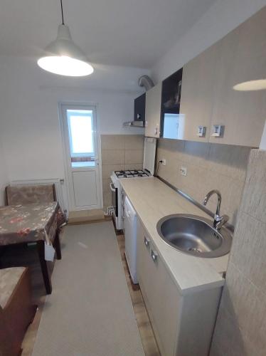 a small kitchen with a sink and a table at Nelly's Home in Pucioasa
