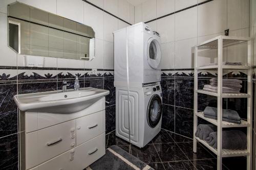 a bathroom with a washing machine and a sink at Ferienwohnung Melissa in Villingen-Schwenningen