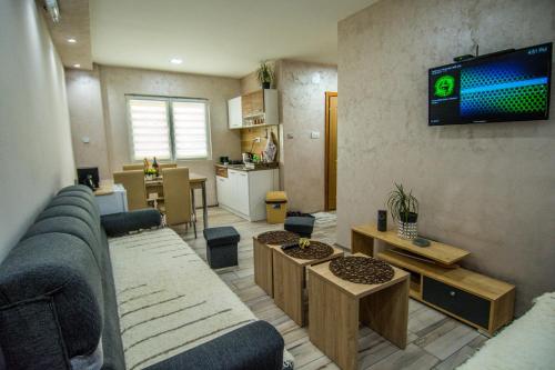 sala de estar con sofá y TV en la pared en Apartman Trijumf, en Bajina Bašta