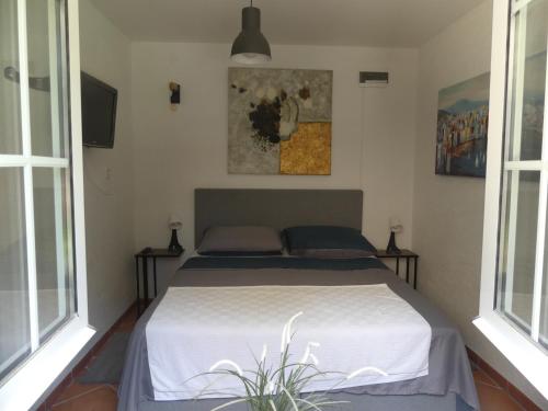 1 cama en un dormitorio con 2 ventanas en The Fig Garden by Lemo, en Pučišća