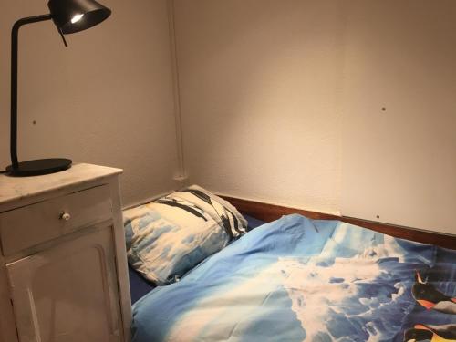 ein Schlafzimmer mit einem Bett mit einer Lampe und einer Katze darauf in der Unterkunft Charmante maison VintageCorner in Saint-Blaise