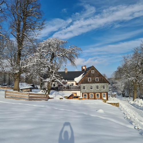 a house in the snow with a snow covered yard at Apartmány Tollendorf Lužické hory in Jiřetín pod Jedlovou