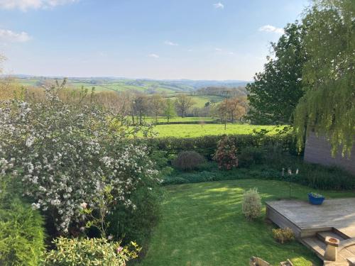 a garden with a bench in the grass at East Hillerton House in Crediton