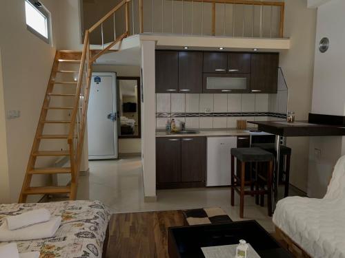 uma cozinha e uma sala de estar com um loft em APARTMANI LAVAZZA em Vlasotince