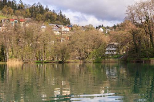 Blick auf einen See mit Häusern im Hintergrund in der Unterkunft Lake House Sebanc in Bled