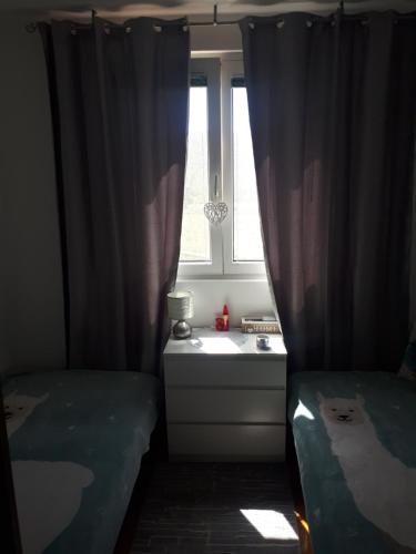 een slaapkamer met 2 bedden en een raam bij Apartment Tijana in Sutomore