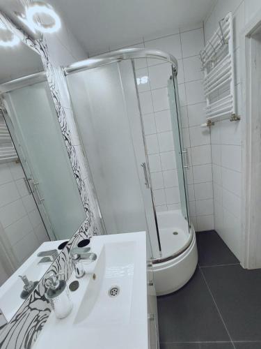 ein Bad mit einem Waschbecken, einer Dusche und einem WC in der Unterkunft Apartament Maika Świnoujście in Świnoujście