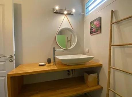 een badkamer met een wastafel en een spiegel op een aanrecht bij Villa Écrin de Nature in Sainte-Rose