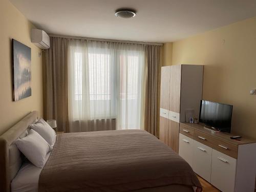 a hotel room with a bed and a television at Trident Apartments 2 in Niš