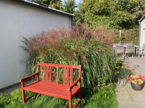 a red bench sitting in front of a bush at The Garden House in Lund