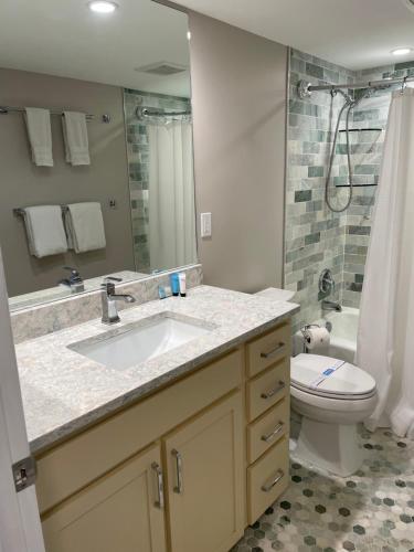 ein Bad mit einem Waschbecken, einem WC und einer Dusche in der Unterkunft Sea Club Condo #47 in Clearwater Beach