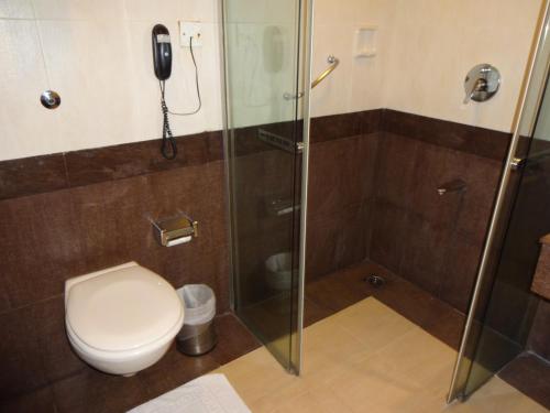 
a bathroom with a toilet and a shower stall at The Residency, Chennai in Chennai
