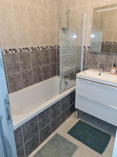une salle de bain avec une baignoire et un lavabo dans l'établissement Appartement t2 calme spacieux Saint-Étienne bellevue, à Saint Etienne