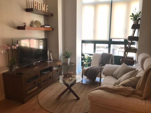 a living room with a couch and a flat screen tv at Apartamento Palacio Valdés, centro Avilés, con parking in Avilés