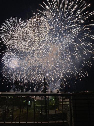 a firework display in the sky at night at Marina Bay Atami in Atami