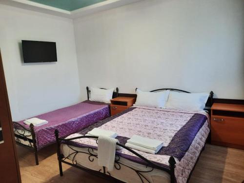 a bedroom with two beds and a tv on the wall at Zhaylau Hotel in Shchūchīnsk