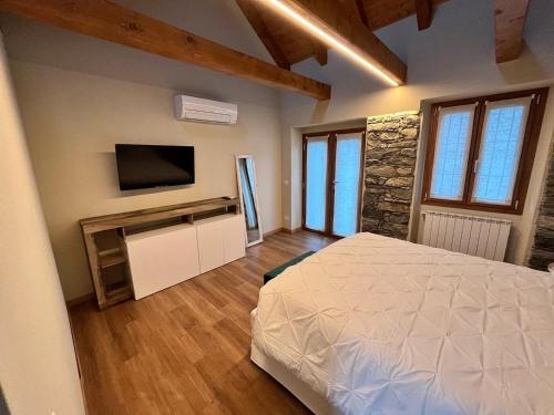 a bedroom with a bed and a flat screen tv at Bed & Bike La Stalla in Masera