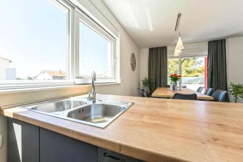 a kitchen with a stainless steel sink and a table at Villa Anita Kožino in Kožino