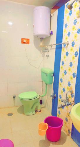 a bathroom with a green toilet and a sink at Hotel Young Mamta in Srinagar