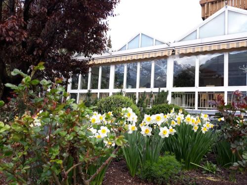 a garden with yellow and white flowers in front of a building at Dolomitenhotel Lienz in Lienz