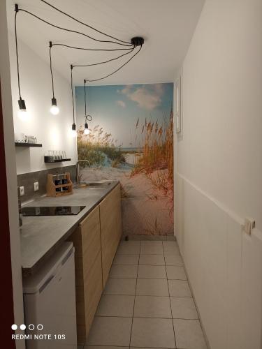 une cuisine avec une peinture de la plage sur le mur dans l'établissement Le gîte des Palmiers, à Hyères