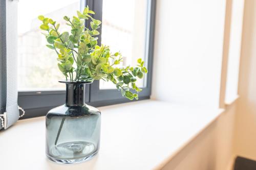 a glass vase sitting on a window sill with a plant at Stylish 2 bed apartment close to city in Bradford