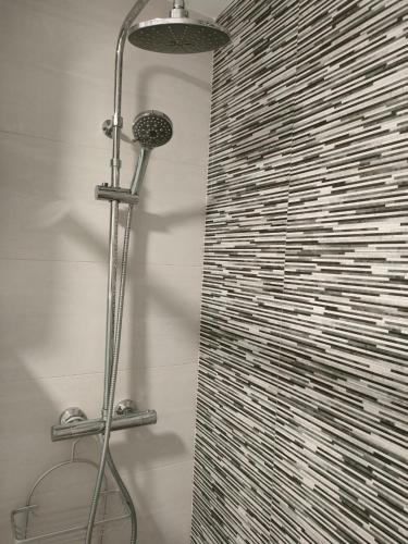 a shower in a bathroom with a brick wall at Beach front Esther 1 villajoyosa in Villajoyosa