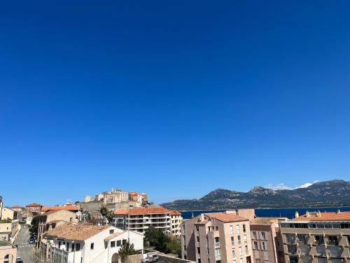 a view of a city with buildings and the ocean at Casa Olmia Résidence in Calvi