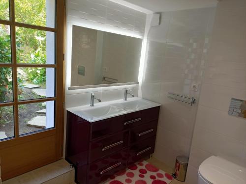 a bathroom with a sink and a mirror and a toilet at Petite maison proche de la mer in La Baule