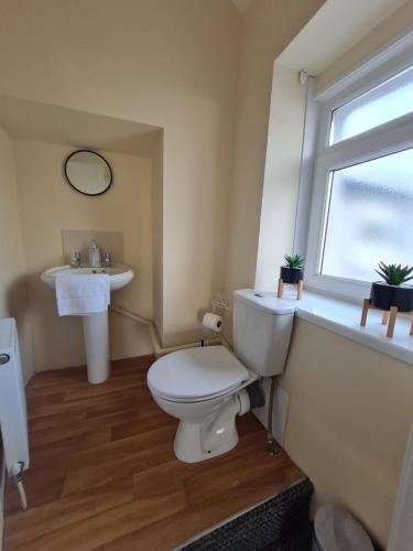 a bathroom with a toilet and a sink and a window at Perfect Location 2 BR serviced apartment Nr Bike Park Wales & Brecon Beacons in Merthyr Tydfil