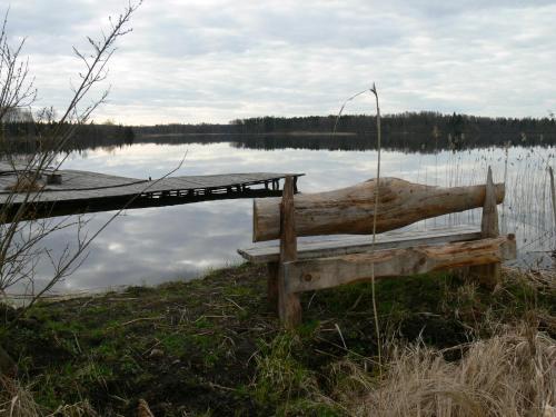 un banco de madera sentado junto a un muelle en un lago en International Camp club Bereg Best Beach Stylish Coastline Ukleyno Lake National Park Valdai, en Maloye Ukleyno