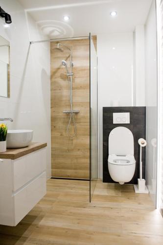 a bathroom with a toilet and a glass shower at Apartamenty Długa in Nowy Targ