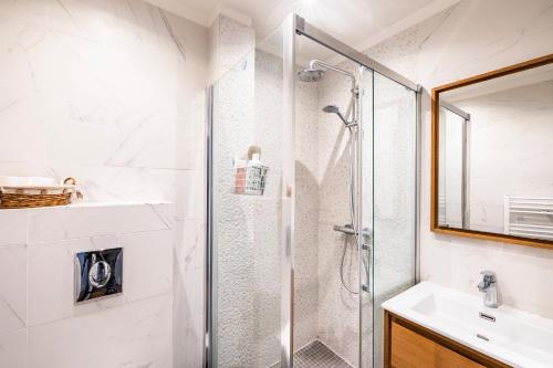 une salle de bain avec douche et lavabo dans l'établissement Ciseaux 3F - SAINT GERMAIN DES PRES - Bail Mobilité, à Paris