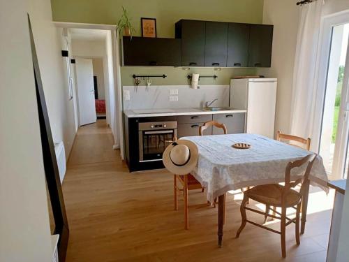 Il comprend une cuisine équipée d'une table et de chaises. dans l'établissement La cabane de la mare - Meublé de tourisme 3 étoiles, à Précy