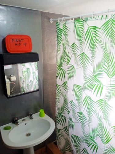 a bathroom with a shower curtain and a sink at Pedregulho Experience in Caldeirinhas